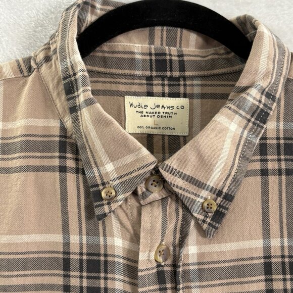 NUDIE JEANS CO Men Chuck Plaid Twill Shirt Sz L Brown Button Front Checker 23-7 - Picture 4 of 11